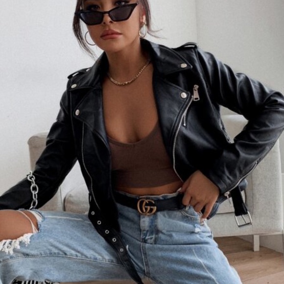 Black Vegan Leather Zipper Moto Biker Jacket y2k - Picture 3 of 5